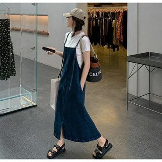 Đầm Yếm Denim Dáng Dài Phối Tua Rua Thời Trang Cho Nữ
