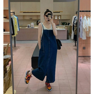 Đầm Yếm Denim Dáng Dài Phối Tua Rua Thời Trang Cho Nữ