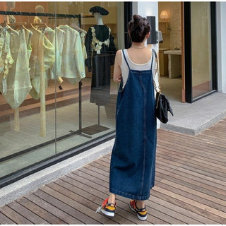 Đầm Yếm Denim Dáng Dài Phối Tua Rua Thời Trang Cho Nữ