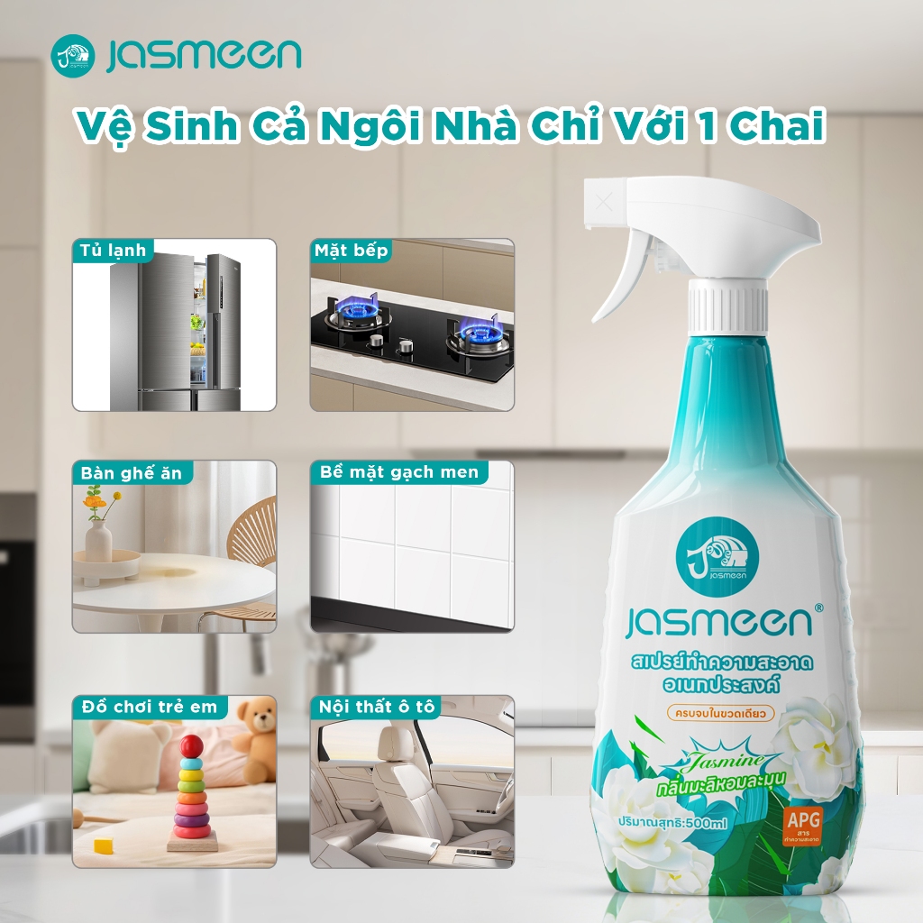 Nước lau chùi đa năng JASMEEN - hương thơm hoa nhài - Thích hợp cho gạch men, kính và thép không gỉ - Loại bỏ vết bẩn mạnh mẽ - Chai 500ml