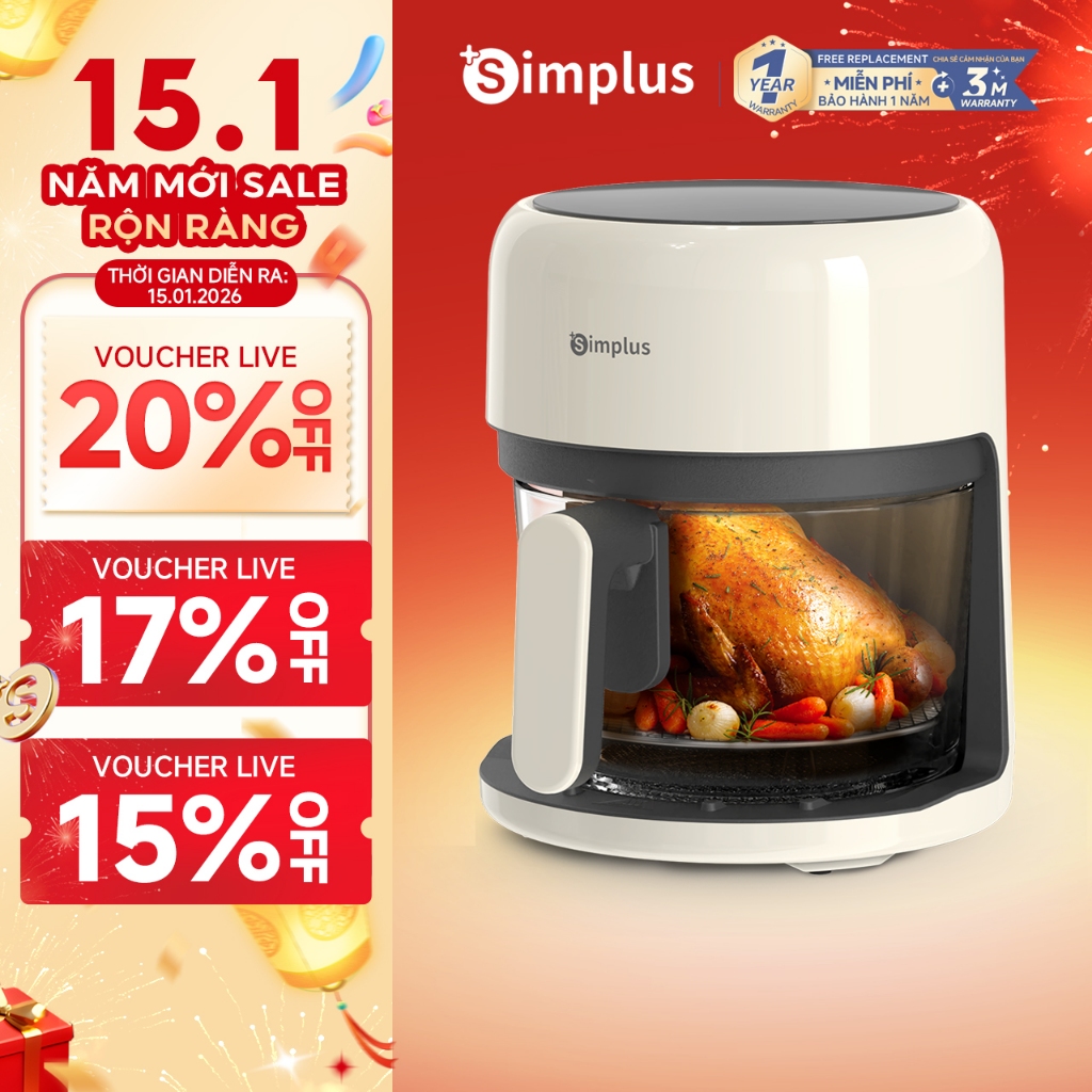 Simplus Nồi Chiên Không Dầu Dung Tích 3.5L Lòng Nồi Thủy Tinh KQZG017 - Bảo Hành 12 Tháng