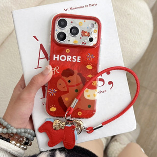 Hoạt Hình Dễ Thương Pháo Hoa Làm Giàu Mặt Dây Chuyền Ngựa Da Wrsit Dây Đeo Vỏ Điện Thoại Cho iPhone 17Promax 16Promax 15 Pro Max Chống Sốc Bảo Vệ Toàn Bộ Ống Kính Nữ Vỏ Di Động