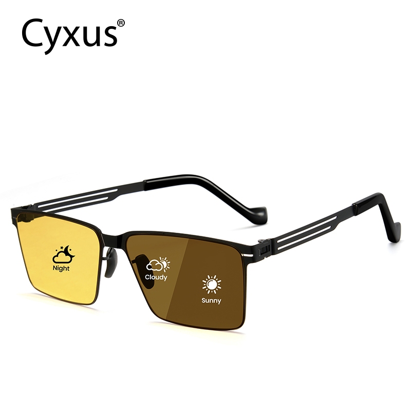 Cyxus Kính Đổi Màu Quang Học Không Phân Cực Hỗ Trợ Nhìn Đêm Gọng Vuông Thép Không Gỉ Chống UV400 Nhẹ Bền 1176