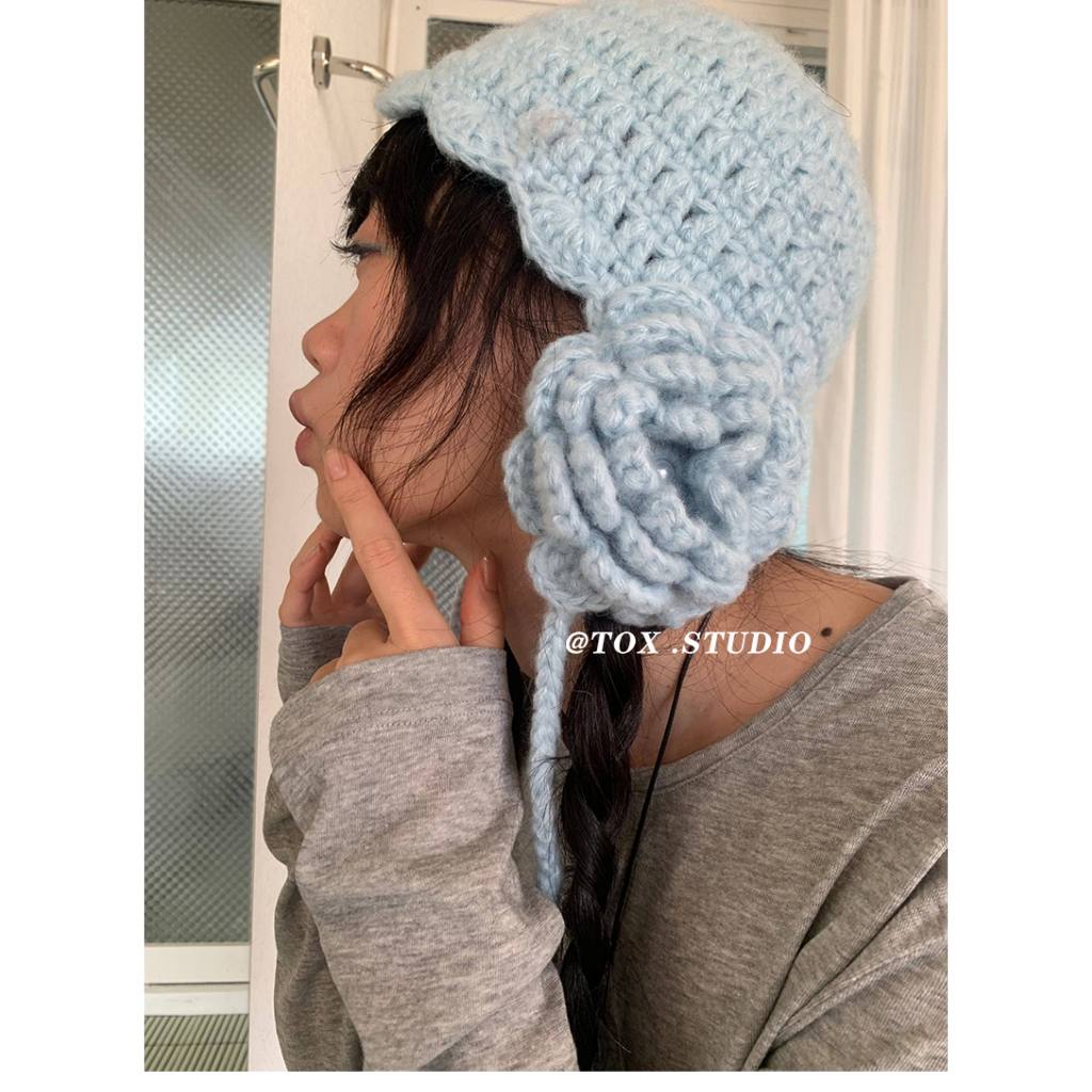 Have u desgin Hàn Quốc Dệt Kim Handmade Ba Chiều Hoa Phù Hợp Với Dây Đeo Mặt Nhỏ Mũ Bảo Vệ Tai Ngọt Ngào Dễ Thương Mũ Lạnh