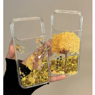 Quicksand Slidable Gold Sequin Get Rich Tree Goldfish Vỏ Điện Thoại Trong Suốt Cho iPhone 17Promax 17Pro 12 13 14 15 16 Pro Max Chống Sốc Nam Nữ Vỏ Di Động