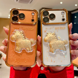 Làm Giàu 3D Vàng Bảo Vệ Ống Kính Ngựa Mạ Trong Suốt Wrsit Dây Xích Điện Thoại Cho iPhone 17Promax 17Pro 12 13 14 15 16 Pro Max 16Plus 11 Vỏ Di Động Mềm