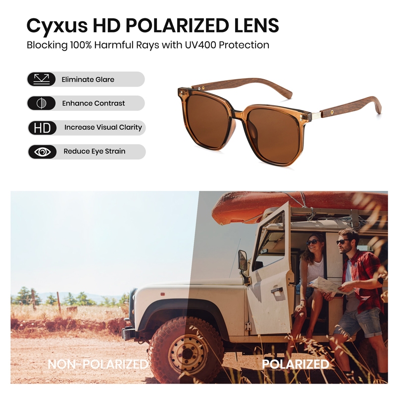 Cyxus Kính Phân Cực Thời Trang Gọng Gỗ Vuông TR90 Chống Tia UV400 Cho Nam Và Nữ Phù Hợp Dùng Ngoài Trời 1076