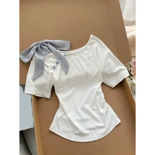 【Hạn giờ】Áo Thun Nữ Phong Cách Hàn Quốc Mới, Tay Ngắn Thắt Nơ Không Đều