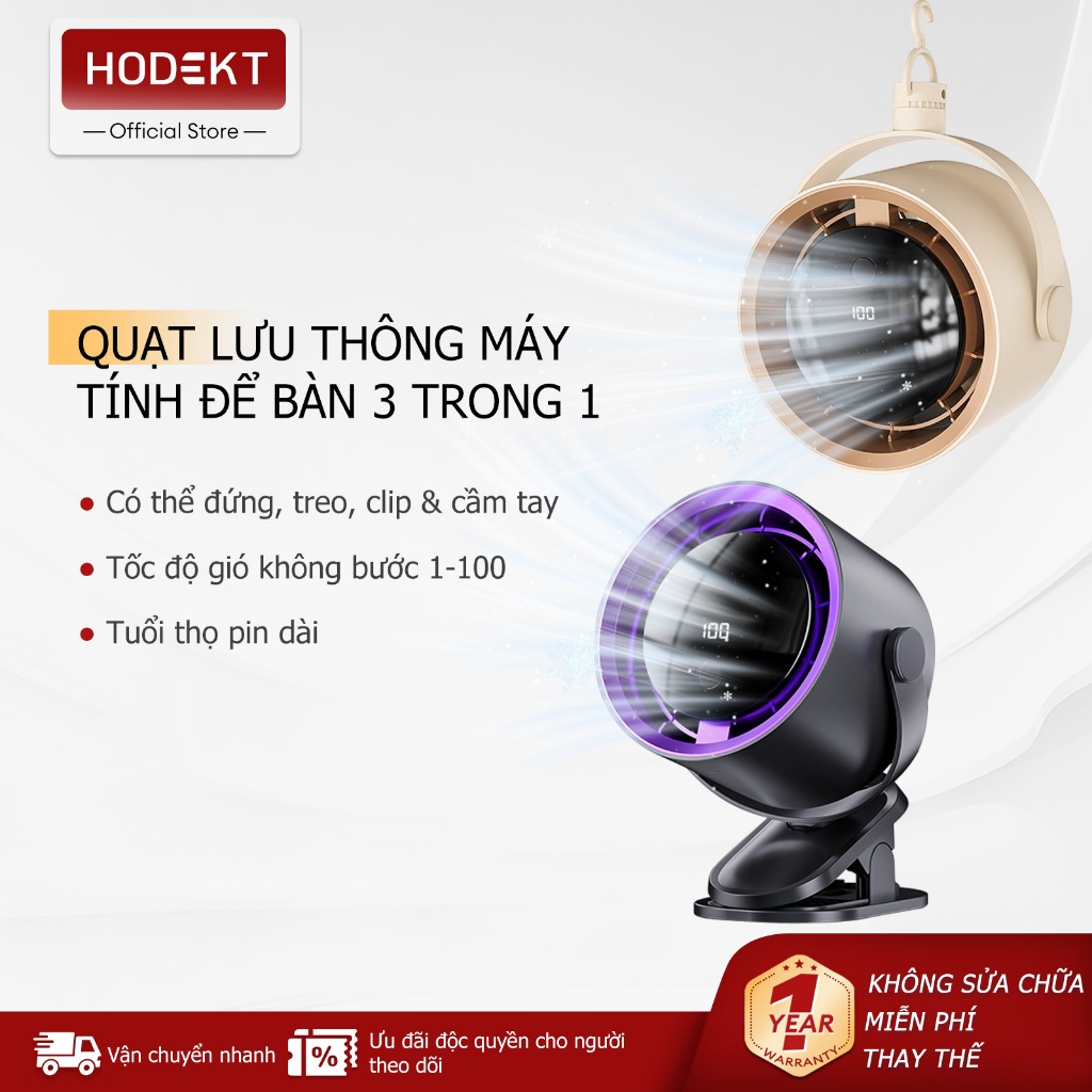 Quạt Để Bàn 3 Trong 1 HODEKT Để Bàn/Treo/Kẹp Màn Hình Kỹ Thuật Số 100 Mức Gió Siêu Yên Tĩnh Tốc Độ Cao Sạc Pin