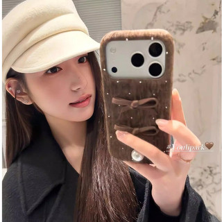 Hàn Quốc 3D Ngọc Trai Ngọt Ngào Nữ Tính Nơ Sóng Điểm Nhung Vải Ốp Lưng Điện Thoại iPhone 17Promax 17Pro 14 15 16 Pro Max 13 Vỏ Di Động Nữ Chống Sốc