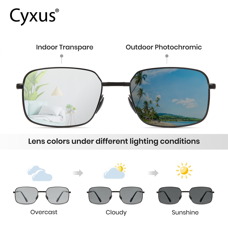 Cyxus Kính Râm Đổi Màu Tự Động Phân Cực Gập Gọn Gọng Vuông Kim Loại Chống UV400 Du Lịch 1016