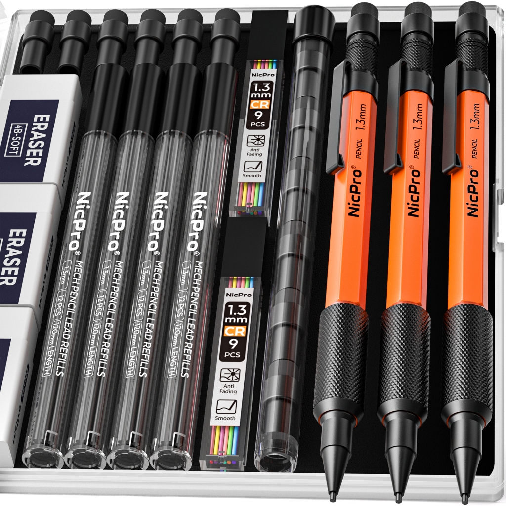 Bộ bút chì cơ khí màu cam Nicpro 3 chiếc 1,3 mm với 66 lần nạp chì, 3 tẩy - Thùng kim loại chịu thời tiết, Bút chì thợ mộc hạng nặng MP2000 để vẽ phác thảo đánh dấu ngoài trời