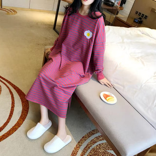 Đầm ngủ nữ dễ thương mới thu xuân 2026: Áo cổ tròn cotton mát sọc ngang + hình hoạt hình đơn giản【mặc nhà hay dạo phố đều đẹp】