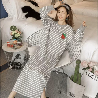 Đầm ngủ nữ dễ thương mới thu xuân 2026: Áo cổ tròn cotton mát sọc ngang + hình hoạt hình đơn giản【mặc nhà hay dạo phố đều đẹp】