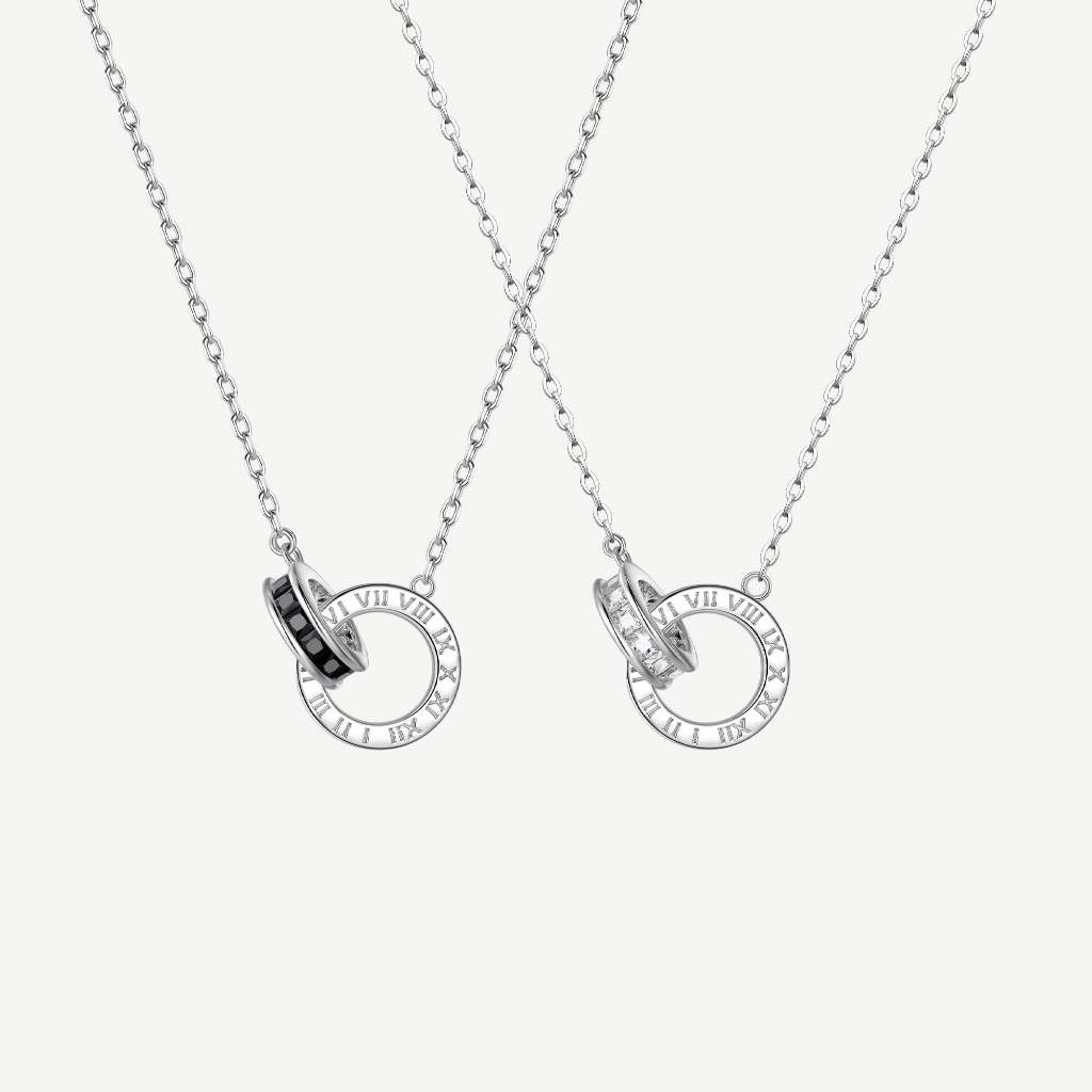 FanciMe "Thời gian La Mã" Vòng tròn lồng vào nhau Cặp đôi Vòng cổ bạc Sterling