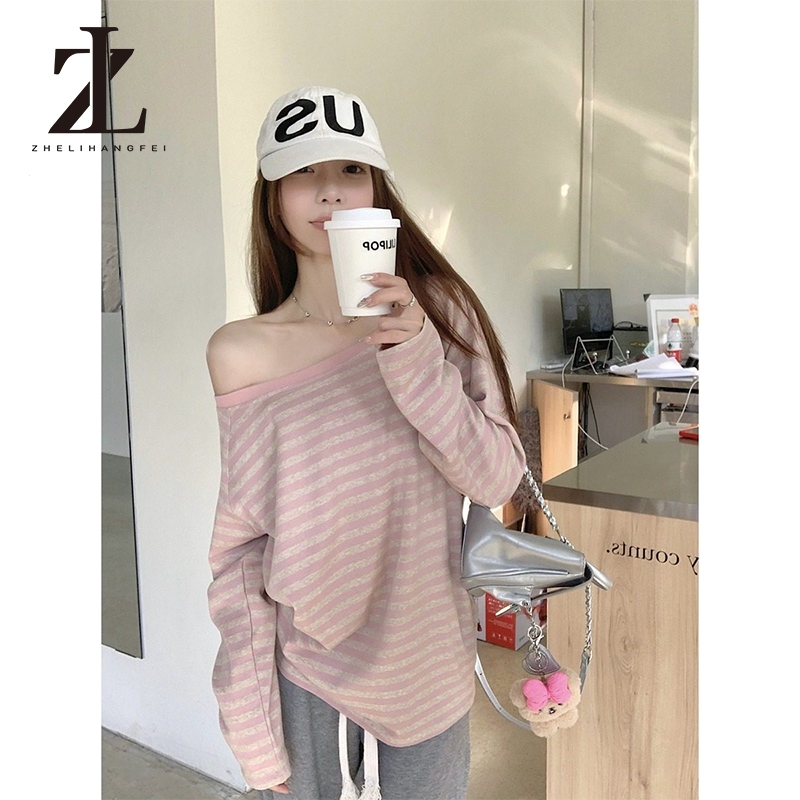 ZHELIHANGFEI Áo thun dài tay màu hồng sọc chéo, mỏng, dáng rộng - Chống nắng mùa hè