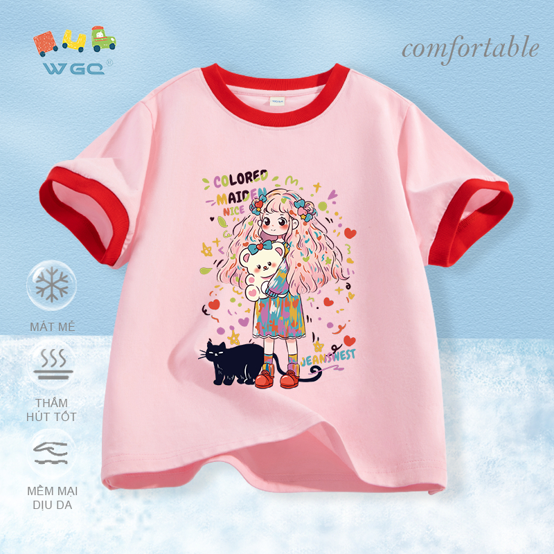 W.G.Q Áo thun bé gái , vải Cotton 100% mềm mại thoải mái , thấm mồ hôi thoáng khí có in