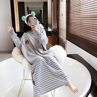 Đầm ngủ nữ dễ thương mới thu xuân 2026: Áo cổ tròn cotton mát sọc ngang + hình hoạt hình đơn giản【mặc nhà hay dạo phố đều đẹp】