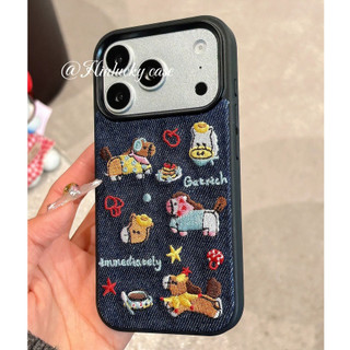 Hoạt Hình Dễ Thương Thêu Làm Giàu Ngựa Xanh Denim Vải Ốp Lưng Điện Thoại iPhone 17Promax 17pro 14 15 16 Pro Max 13 Chống Sốc Nữ Vỏ Di Động