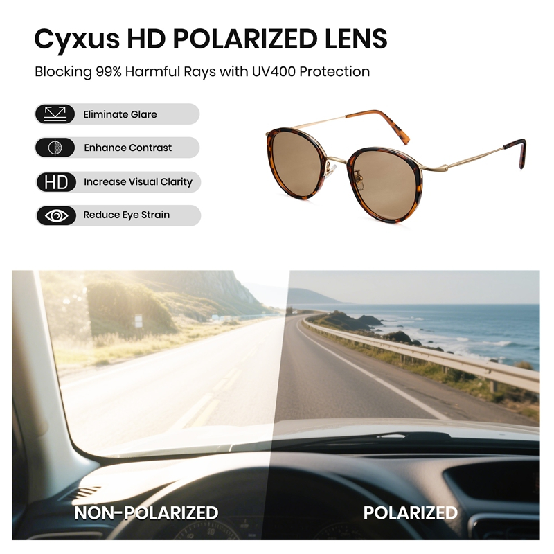 Cyxus Kính Mát Thời Trang Y2K Retro Phân Cực Cho Nam Nữ Gọng Tròn Kim Loại UV400 Đa Năng Thể Thao P1329