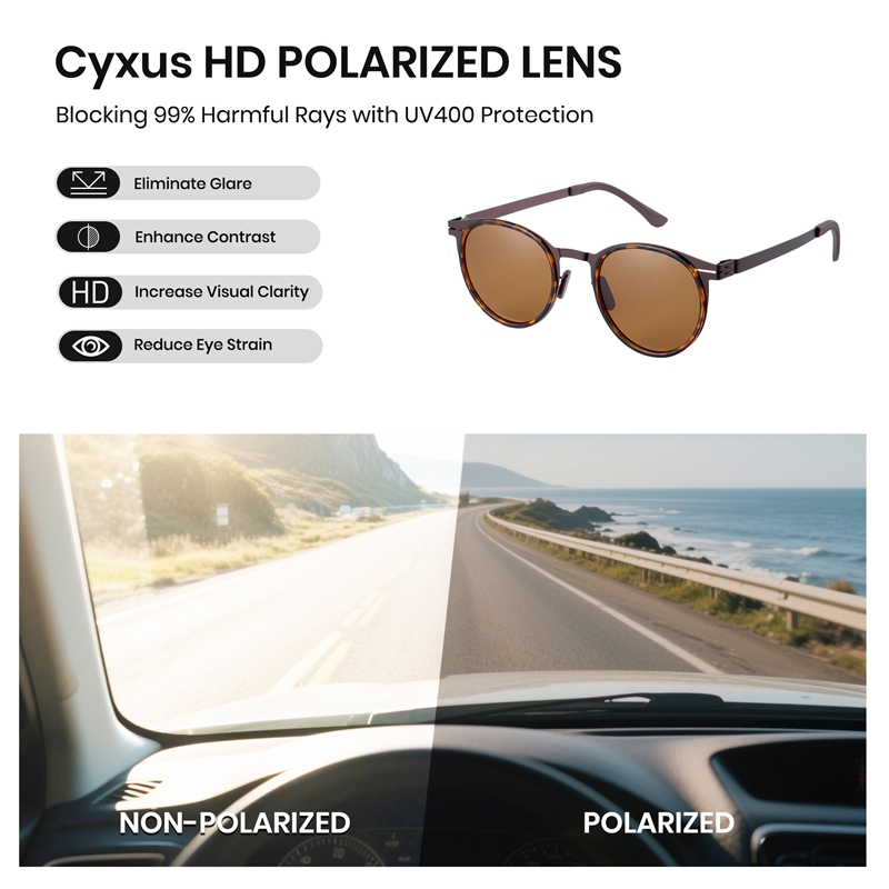 Cyxus Kính Mát Nam Phân Cực UV400 Gọng Tròn Pha Thép Không Gỉ Siêu Nhẹ Bền Bỉ Thời Trang Thể Thao P1320
