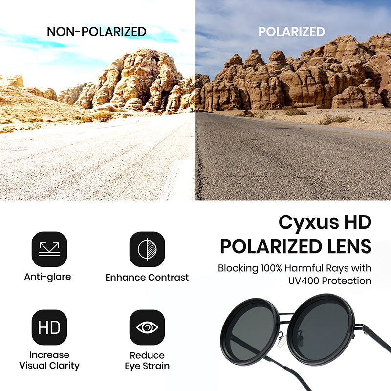 CyxusKính râm phân cực / Điều chỉnh độ sáng từ 1-9 cấp độ / Kính râm thời trang mới / Chống tia UV400 / Gọng tròn / Đa năng và thời trang, hoàn toàn đáp ứng nhu cầu của nam giới. P1299
