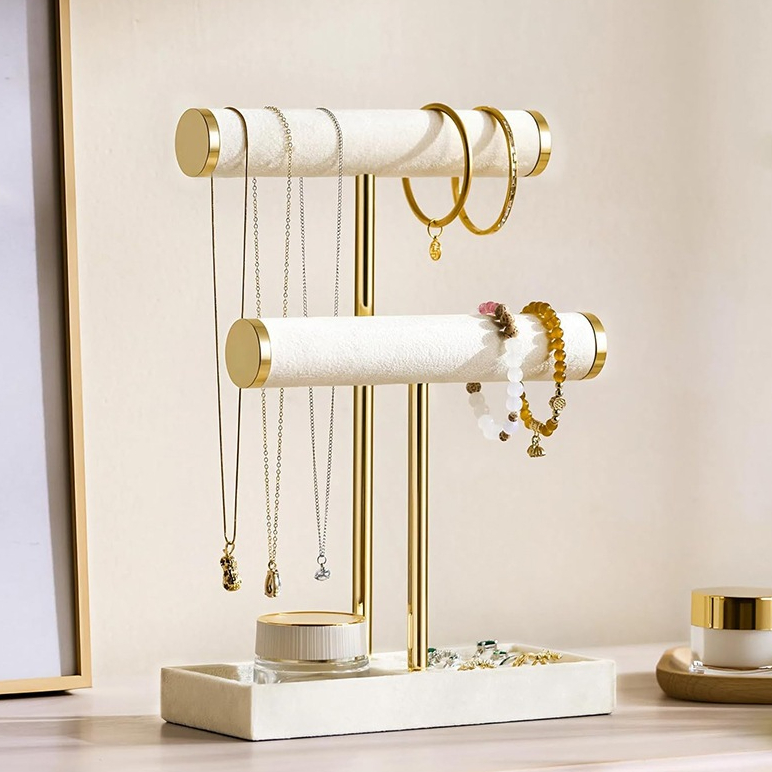 Giá đỡ trang sức T-Bar 2 tầng Giá đỡ đồng hồ đeo tay nhung có khay lưu trữ cho vòng cổ Nhẫn