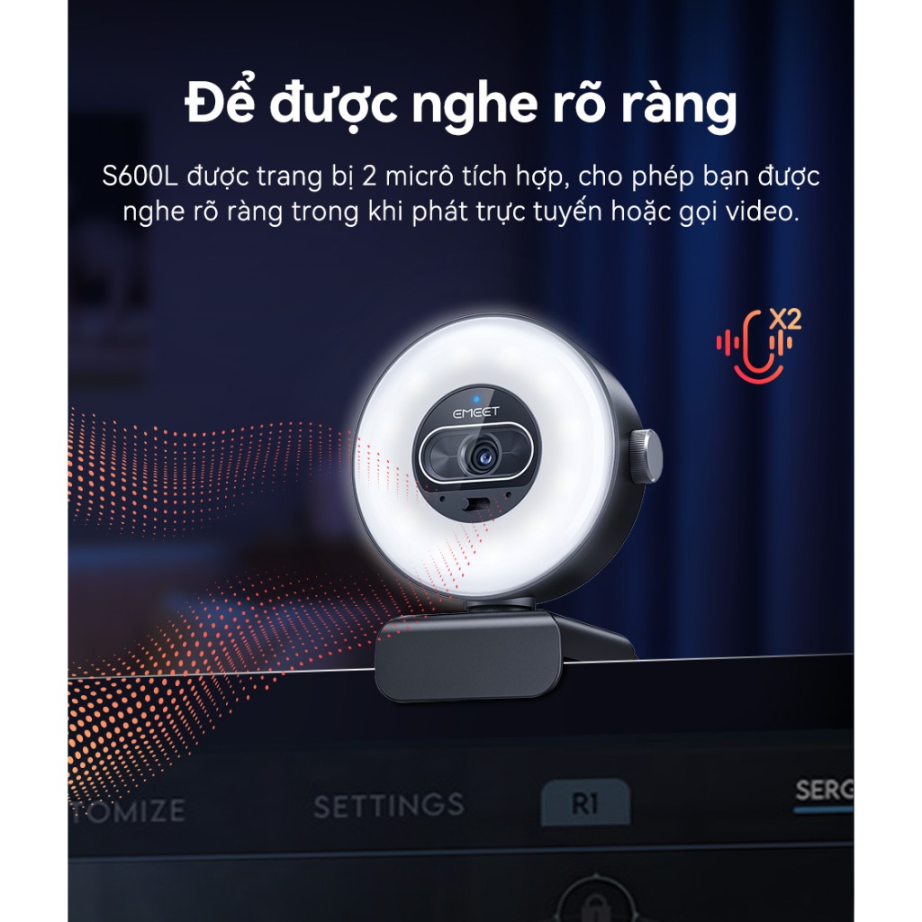 [EMEET]Webcam S600L, tích hợp đèn vòng tròn, 3 chế độ màu, hiệu ứng ánh sáng RGB, lấy nét tự động trong 0,2 giây, cảm biến 1/2 inch, hai micro, và công nghệ hình ảnh AI.Phù hợp cho văn phòng tại nhà, lớp học trực tuyến, phát trực tiếp | BigBuy360 - bigbuy360.vn