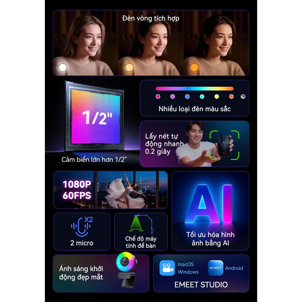 [EMEET]Webcam S600L, tích hợp đèn vòng tròn, 3 chế độ màu, hiệu ứng ánh sáng RGB, lấy nét tự động trong 0,2 giây, cảm biến 1/2 inch, hai micro, và công nghệ hình ảnh AI.Phù hợp cho văn phòng tại nhà, lớp học trực tuyến, phát trực tiếp | BigBuy360 - bigbuy360.vn