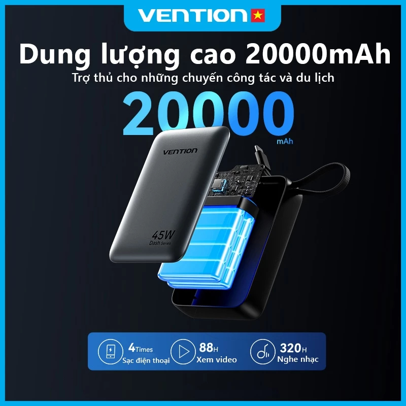 Vention Bộ Sạc Dự Phòng  20000mAh PD 45W | Sạc Nhanh Type-C PD Đa Năng | Cho iPhone 16 Pro Max & Samsung S24 Ultra | Bảo Hành Chính Hãng