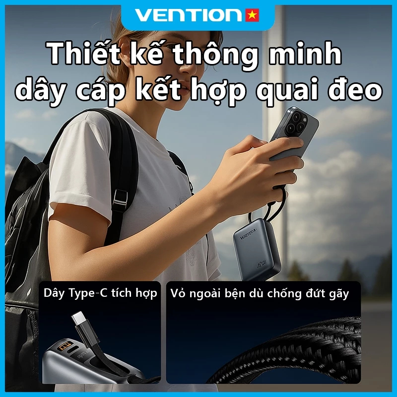 Vention Bộ Sạc Dự Phòng  20000mAh PD 45W | Sạc Nhanh Type-C PD Đa Năng | Cho iPhone 16 Pro Max & Samsung S24 Ultra | Bảo Hành Chính Hãng