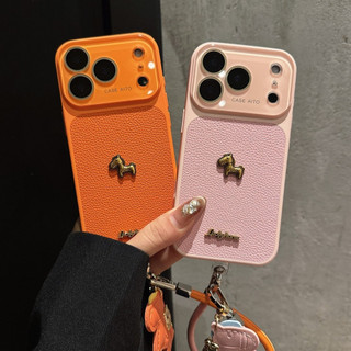 Phim Bảo Vệ Ống Kính Kính Làm Giàu 3D Ngựa Vàng Cam Da PU Wrsit Dây Đeo Vỏ Điện Thoại Cho iPhone 17Promax 14 15 16 Pro Max 17Pro Vỏ Di Động Nữ Chống Sốc