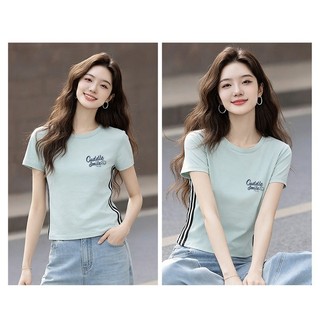 【Hạn giờ】Áo Thun Nữ 100% Cotton Vải Cá Tính với Màu Sắc Tương Phản và Vai Ngắn Tay
