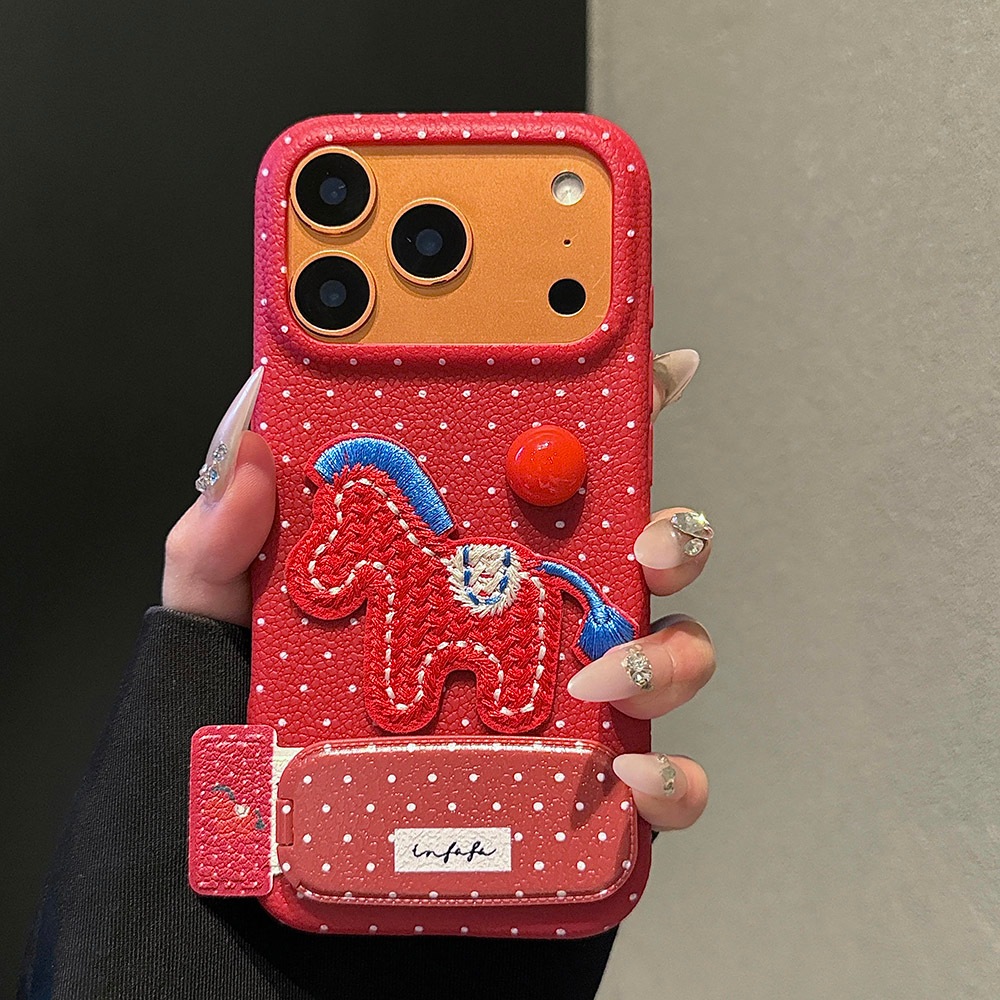 3D Thêu Ngựa Đậu + Gương Giá Đỡ Da Gấp Ốp Lưng Điện Thoại iPhone 17 Pro Max 17 Air 16 Plus 15 14 13 12 11 Vỏ Bảo Vệ Chống Sốc