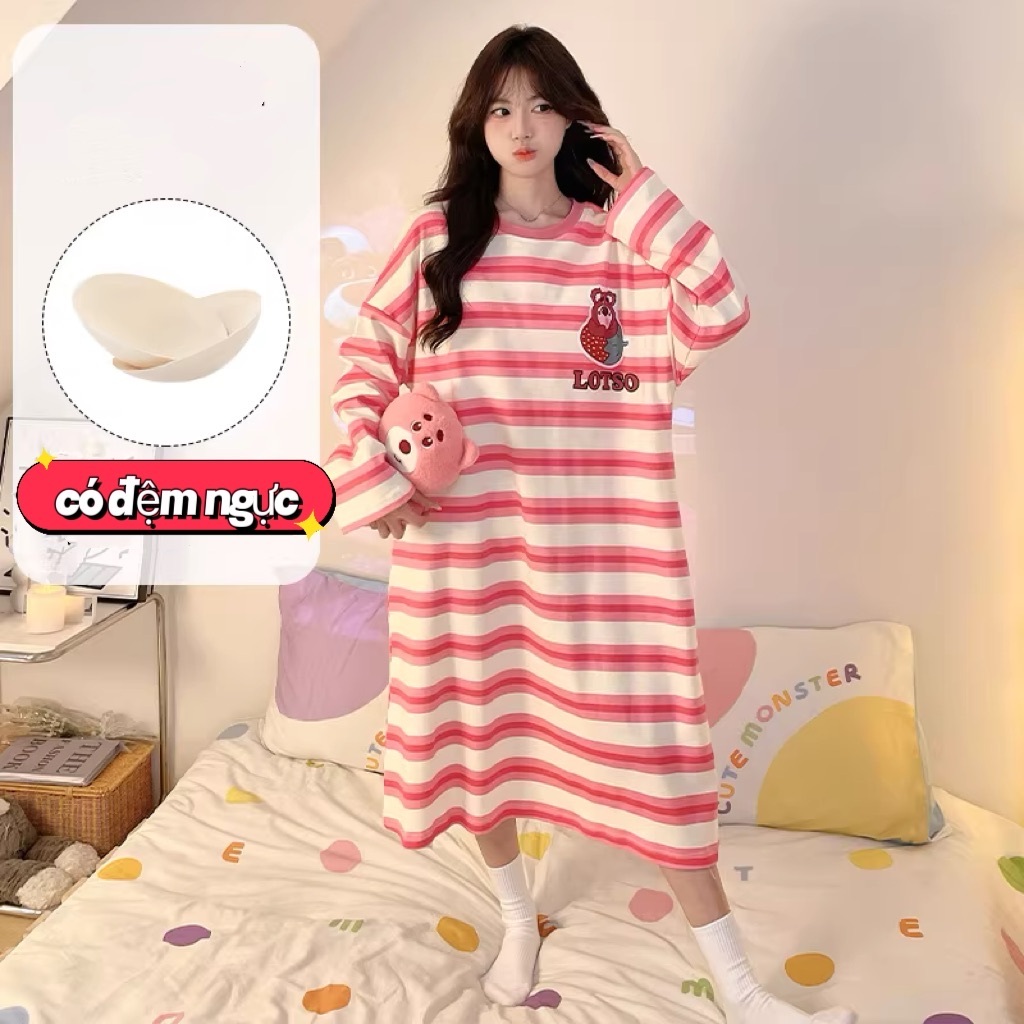 【MỚI VỀ】Đầm Ngủ Dài Kẻ Sọc Có Đệm Ngực - Form Rộng Thoải Mái, Chất Vải Cotton Mềm Mịn Cho Giấc Ngủ Ngon | Freeship