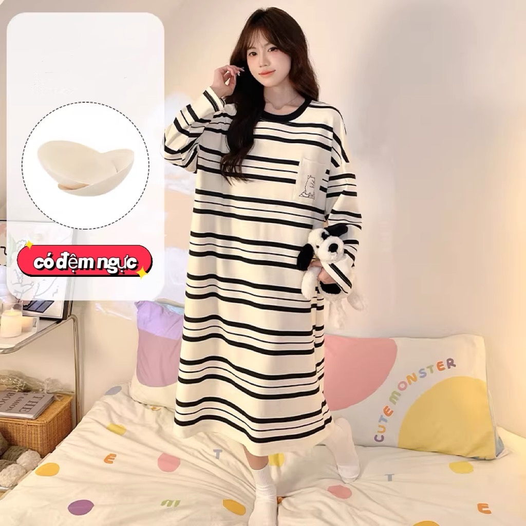 【MỚI VỀ】Đầm Ngủ Dài Kẻ Sọc Có Đệm Ngực - Form Rộng Thoải Mái, Chất Vải Cotton Mềm Mịn Cho Giấc Ngủ Ngon | Freeship