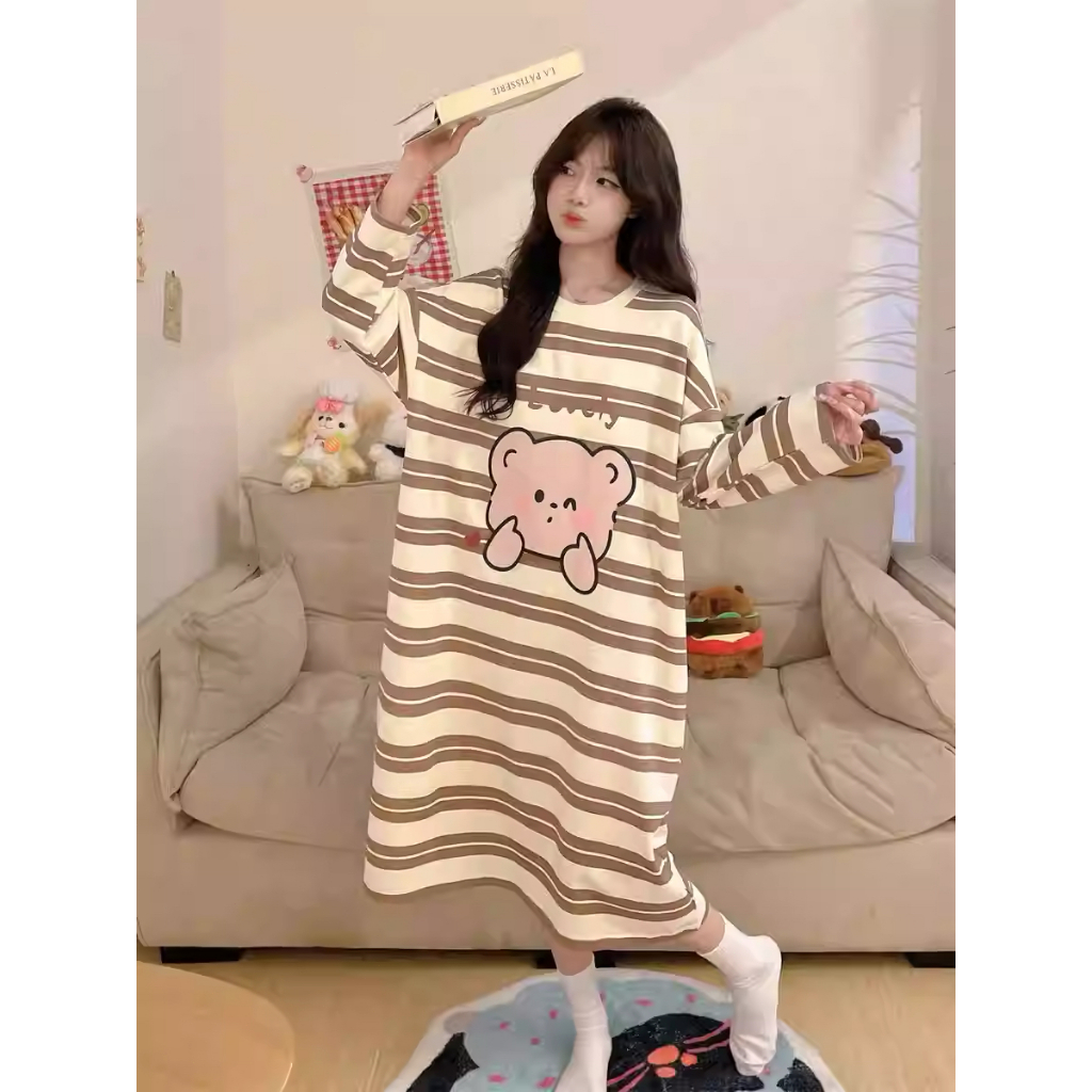 【MỚI VỀ】Đầm Ngủ Dài Kẻ Sọc Có Đệm Ngực - Form Rộng Thoải Mái, Chất Vải Cotton Mềm Mịn Cho Giấc Ngủ Ngon | Freeship