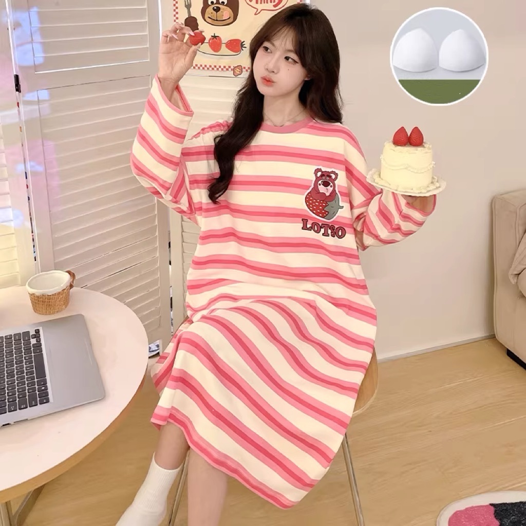 【MỚI VỀ】Đầm Ngủ Dài Kẻ Sọc Có Đệm Ngực - Form Rộng Thoải Mái, Chất Vải Cotton Mềm Mịn Cho Giấc Ngủ Ngon | Freeship