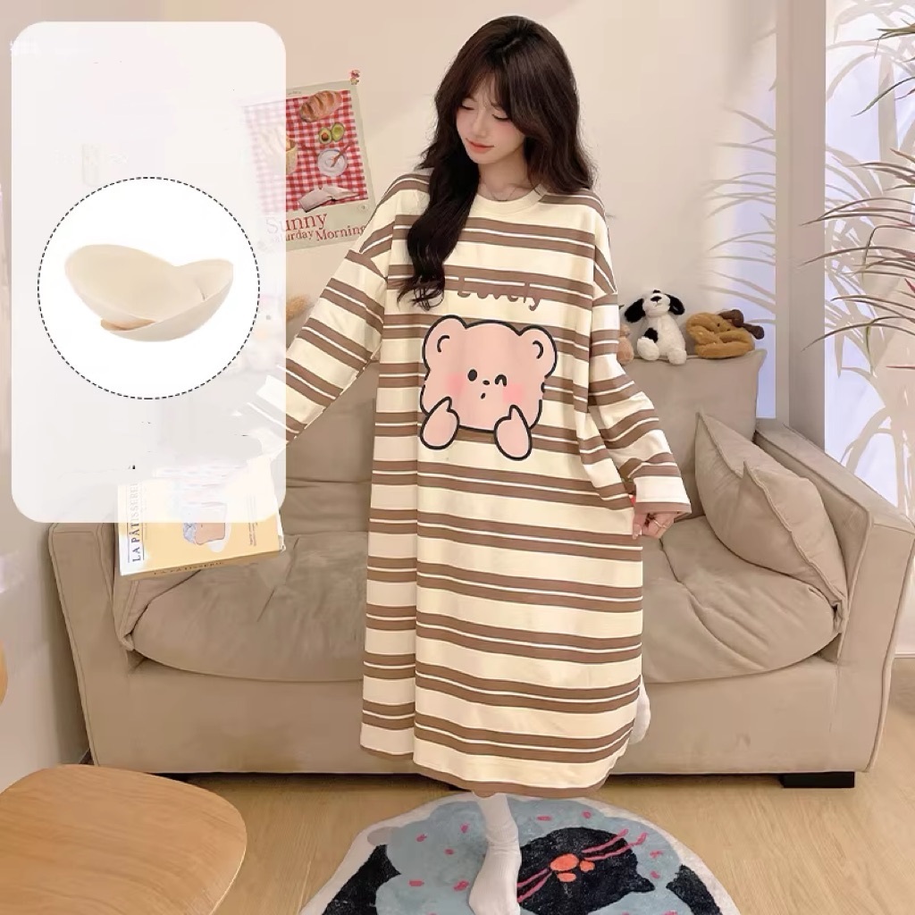 【MỚI VỀ】Đầm Ngủ Dài Kẻ Sọc Có Đệm Ngực - Form Rộng Thoải Mái, Chất Vải Cotton Mềm Mịn Cho Giấc Ngủ Ngon | Freeship