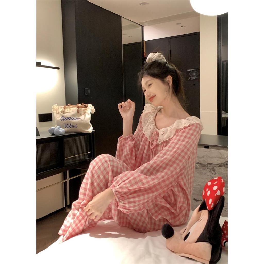 【HOT】Bộ Đồ Ngủ Hàn Quốc Dài Tay Dài Chân Bằng Cotton - Kiểu Dáng Ngọt Ngào, Đăng Ten Xinh Xắn & Cá Tính Thời Thượng | Freeship