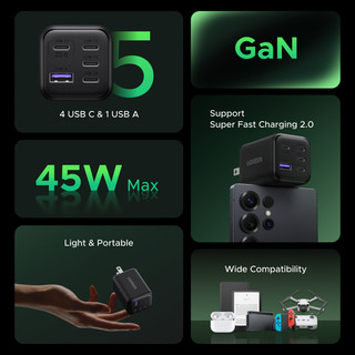 Bộ sạc nhanh 5 cổng UGREEN Nexode 45W GaN - Bộ sạc 4x USB-C & 1x USB-A cho iPhone 17 Pro / Pro Max