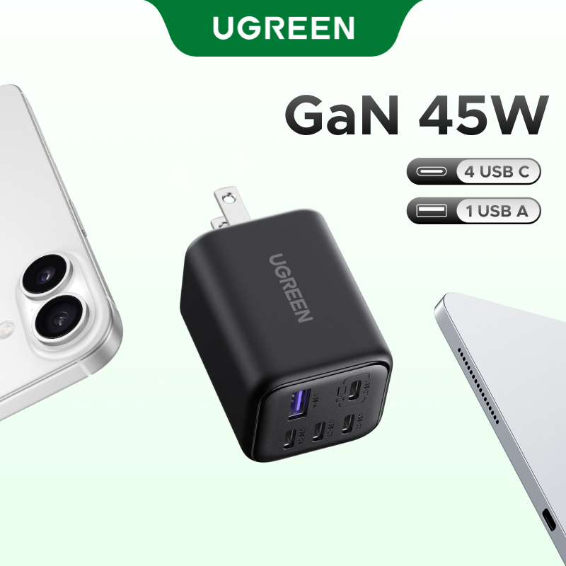 Bộ sạc nhanh 5 cổng UGREEN Nexode 45W GaN - Bộ sạc 4x USB-C & 1x USB-A cho iPhone 17 Pro / Pro Max, Samsung Galaxy S24 Ultra, iPad, Laptop Travel Home