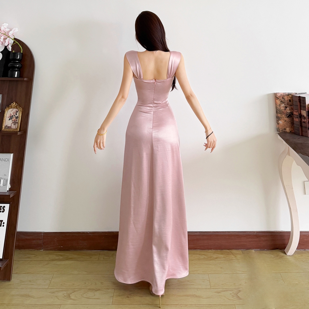 Cutenew Vintage Sling Quấn Ngực Đầm Maxi Skinny Chia Thoải Mái Nữ Mùa Hè Pháp Phong Cách Thanh Lịch