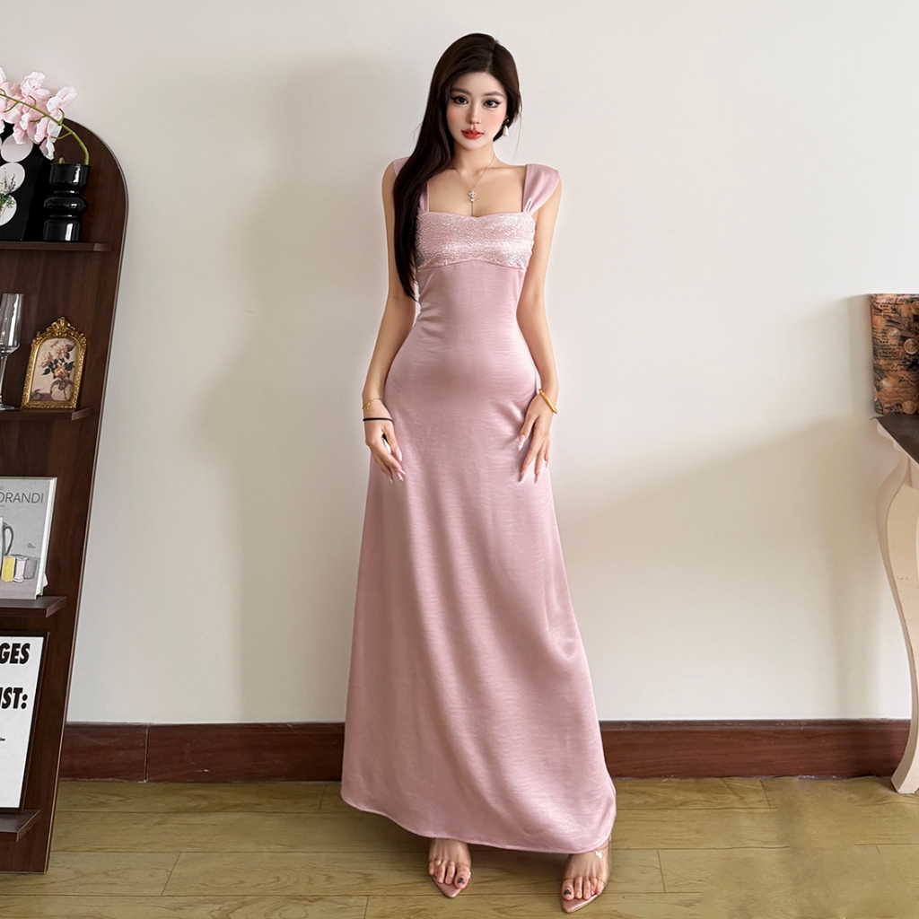 Cutenew Vintage Sling Quấn Ngực Đầm Maxi Skinny Chia Thoải Mái Nữ Mùa Hè Pháp Phong Cách Thanh Lịch