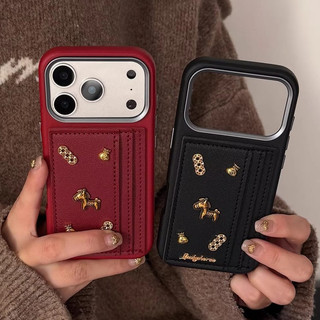 Thời Trang Làm Giàu Đồng Xu Vàng 3D Ngựa Khe Cắm Thẻ Đỏ Túi Da PU Ốp Điện Thoại Cho iPhone 17Promax 17Pro 14 15 16 Pro Max 13 Vỏ Di Động Nữ Chống Sốc