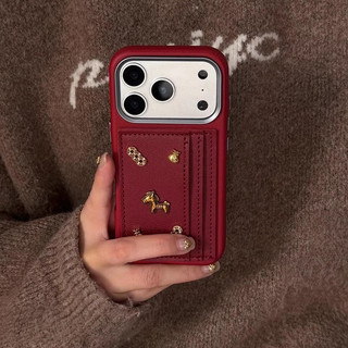 Thời Trang Làm Giàu Đồng Xu Vàng 3D Ngựa Khe Cắm Thẻ Đỏ Túi Da PU Ốp Điện Thoại Cho iPhone 17Promax 17Pro 14 15 16 Pro Max 13 Vỏ Di Động Nữ Chống Sốc