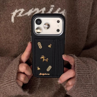 Thời Trang Làm Giàu Đồng Xu Vàng 3D Ngựa Khe Cắm Thẻ Đỏ Túi Da PU Ốp Điện Thoại Cho iPhone 17Promax 17Pro 14 15 16 Pro Max 13 Vỏ Di Động Nữ Chống Sốc