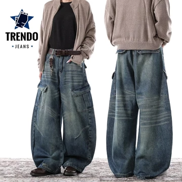 『Trendo』quần jean túi hộp ống rộng Quần Jeans Ống Cong Độc Lạ Unisex Quần jeans baggy Quần Dài Jean Thời Trang Nam Nữ Phong Cách Street Wear Phối Đường Viền Thân Cong Quần jean nam retro ống rộng màu 