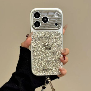 Bảo Vệ Toàn Diện Ống Kính Mạ Bạc Lấp Lánh Sequin 3D Làm Giàu Dây Đeo Cổ Tay Ngựa Ốp Lưng Điện Thoại Cho iPhone 17Promax 14Promax 15 16 Pro Max Chống Sốc Nữ Vỏ Di Động