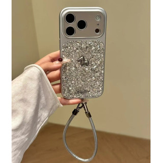 Bảo Vệ Toàn Diện Ống Kính Mạ Bạc Lấp Lánh Sequin 3D Làm Giàu Dây Đeo Cổ Tay Ngựa Ốp Lưng Điện Thoại Cho iPhone 17Promax 14Promax 15 16 Pro Max Chống Sốc Nữ Vỏ Di Động